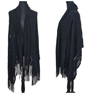 Sapphire Black Open Front Draped Sleeveless Shrug With Fringe Detail OS Plus